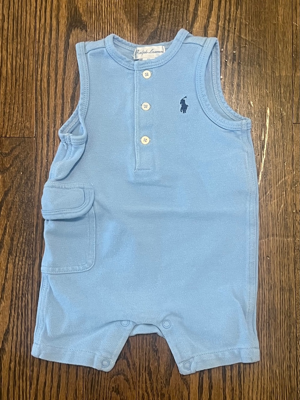 Ralph Lauren Light Blue Sleeveless Polo Romper with Pocket